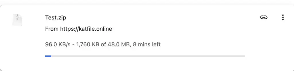 Katfile free download speed test showing 96 KB/s for a 48 MB ZIP file