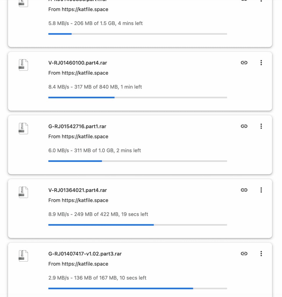 Katfile Premium speed test showing multiple concurrent RAR downloads at 2.9 to 8.9 MB/s